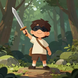 A kid putting an eyepatch and waving a wooden sword, standing on a rock in the entrance of a forest, digital art, trending on artstation