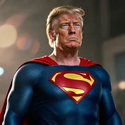 Portrait of Donald Trump as superman in Gears of War, splash art, movie still, cinematic lighting, dramatic, octane render, long lens, shallow depth of field, bokeh, anamorphic lens flare, 8k, hyper detailed, 35mm film grain