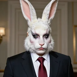 vladimir putin in elaborate makeup as a humanoid rabbit person, highly detailed, makeup in the style of rick baker