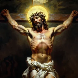 jesus as a bodybuilder breaking the cross with brute strength, wearing crown of thorns, by greg hildebrandt, halo above head, dramatic lighting