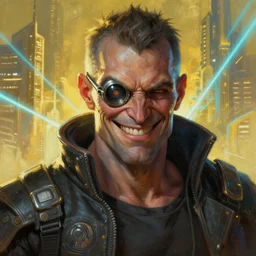 an intimate portrait of a gnarly human cyberpunk captain, old skin, charming, strong leader, metal eye piece, a look of cunning, big smile, detailed matte fantasy painting, golden cityscape, lasers, sparks, yellow and blue and cyan