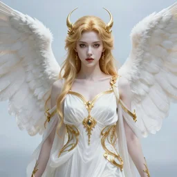 full portrait of alluring angel in paradise, white robes, golden accessories, facial features, golden hair, white skin, lipstick, symmetrical wings, high fantasy, extremely detailed, sharp focus, smooth, digital illustration, by rossdraws, franzzeta, artgerm