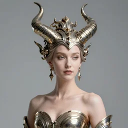 an elegant quarter - length portrait of the queen of sin with sci fi horns made of metal and a massive ornate headress, cinematic lighting, smooth, high detail, high octane, unreal engine, octane render, by vitaly bulgarov artstation, golden rule, sense of action, fog volumes, vivid color glow, post processing, cgsociety