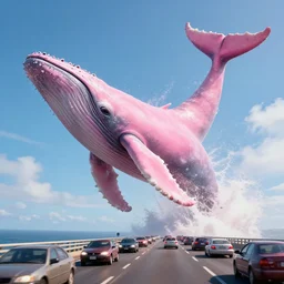 a giant pink whale falling out of a blue sky onto cars on a busy bridge, cinematic lighting, artstation, establishing shot, wow