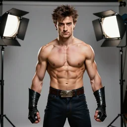 photoshoot of a ripped, hyper muscular daniel radcliffe as x - men's wolverine, studio lighting 5 0 mm