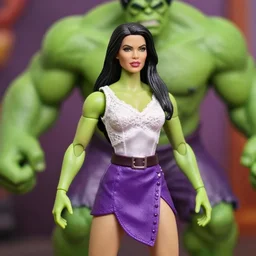 cu of angie harmon as the sensational she hulk, she is wearing a silk lace white top and a purple skirt, she is tall, very fit and extremely muscular, she has green skin all over her body, long black shiny hair, hyperreal, highly detailed, in the style of sideshow collectibles, the hulk, marvel, soft focus, bokeh