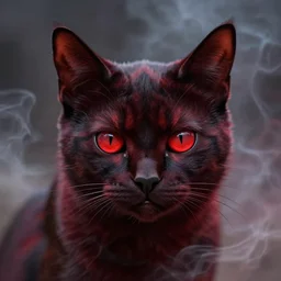 fantasy portrait devil cat with red eyes looking towards camera and smoke in background, high detail, digital art, beautiful , concept art,fantasy art, 4k