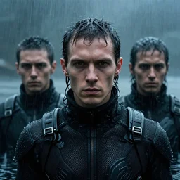 cinestill hasselblad candid photographic portrait by robert capas of cyberpunks wearing rugged black mesh techwear in treacherous waters, extreme closeup, modern cyberpunk moody depressing cinematic, pouring rain, 8 k, hd, high resolution, 3 5 mm, f / 3 2, ultra realistic faces, ex machina