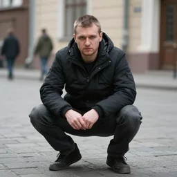 A russian thug squating in the street