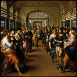 renaissance painting of a crowd in a new york subway statio, in the style of peter paul rubens