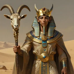 an undead desert lich pharaoh, holding a goat head staff, deep focus, d & d, fantasy, intricate, elegant, highly detailed, digital painting, artstation, concept art, matte, sharp, illustration, hearthstone, art by artgerm and greg rutkowski and alphonse mucha
