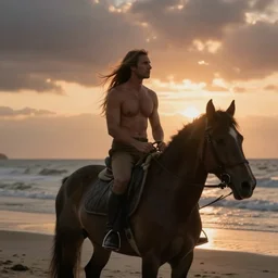 geert wilders shirtless with very long hair riding horseback on the beach during sunset, atmospheric light