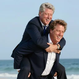 bill clinton laughing hysterically while piggyback riding jeffrey epstein on an island, hyper realistic