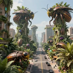 an concept art illustration, photorealistic, fantasy large insect biomes in a downtown street, large plant biomes, megafauna, ultra realistic, style by wlop, trending in artstation, cgsociety, octane render, ultra sharp, concept illustration, digital painting, 8 k, unreal engine