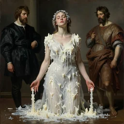 Beautiful woman with closed eyes wearing a dress made from melted white candle wax by Ilya Repin, William Blake, Michelangelo da Caravaggio, Rafaelle Monti and Beksinski, dramatic volumetric lighting, full body portrait, highly detailed oil painting, 4k, masterpiece