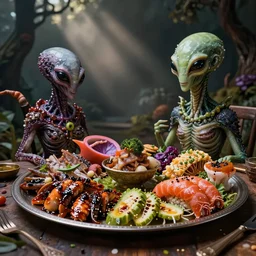a beautifully photographed meal of strange and disturbing colorful alien foods