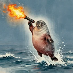 Walrus holding a flamethrower jumping out of the ocean backwards, Databending, Chinese Painting, Floodlight, Posterization, Cherenkov Radiation