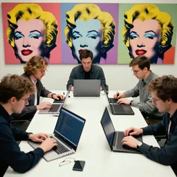 5 men writing code on laptops around a table, pop art, warhol