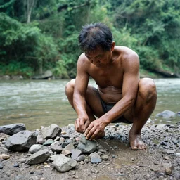 homoerectus make pebble tools at the river bank in the rain forest of china