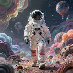 a futuristic detailed astronaut walking on an alien psychedelic planet with strange colorful clouds and mountains, 8 k