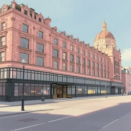 harrods supermarket in london, natural lighting, wide angle, soft pastel color scheme, intricate details, matte painting, illustration, by greg rutkowski and hayao miyazaki