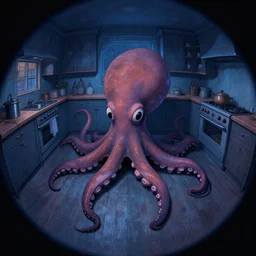 dark palette, fisheye, octopus shaped naive, extra narrow, detailed illustration of a kitchen, large floor, octopus shaped by rhads from lorax movie, trending artstation, dark blue