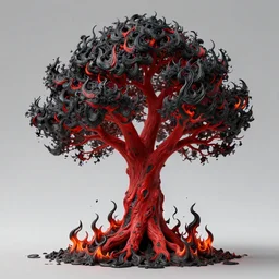 Black flames charring the red tree, art station award winning, highly detailed