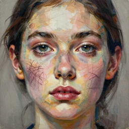 a painting of a beautiful face that's been scribbled out in biro. in the style of laszlo moholy - nagy and noriyoshi ohrai, trending on artstation, highly detailed, ultrarealistic, digital art