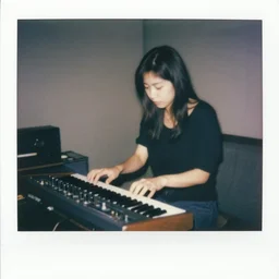 1 9 7 0 s polaroid of a female japanese musician playing a vintage modular synthesizer, hazy, faded