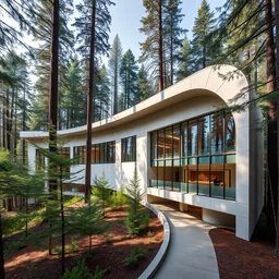 curving wing of modern hospital building in californian redwood forest, architecture by frank gehry, wide - angle architectural photography from magazine