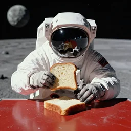 a astronuat eating bread on the moon. the bread is on a red table
