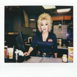 dolly parton working the front counter of mcdonald's ready to take your order, eighties polaroid, flash photography, photorealistic, kodachrome