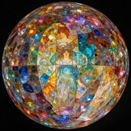 inside a sphere with colorful walls made of segmented crystals, interconnected, 360 degrees view, hyper realistic, octane render, colorful, vibrant, cinematic, amazing details, by james jean, brian froud, ross tran, alphonse mucha