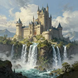 a big castle and waterfalls, fantasy art, greg rutkowski
