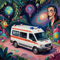 an extremely high quality hd surrealism painting of a 3d galactic neon complimentary-colored cartoon surrealism melting optically illusiony high-contrast zaha hadid futuristic jungle ambulance by kandsky and salvia dali the second, salvador dali's much much much much more talented painter cousin, clear shapes, 8k, realistic shading, ultra realistic, super realistic