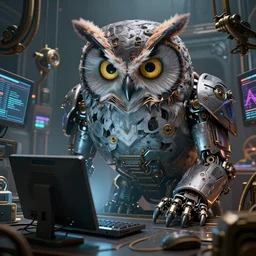 an giant evil, malevolent, cyborg owls looking at a computer, surrounded by computer screens. steampunk. this 4 k hd image is trending on artstation, featured on behance, well - rendered, extra crisp, features intricate detail and the style of unreal engine. volumetric lighting octane render