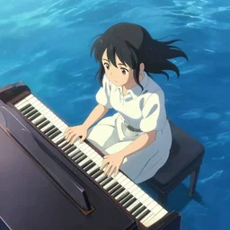 Anime girl playing piano on blue water, drone shot, Cushart Krenz, Shinkai Makoto, lots of details, extremely detailed, 4k