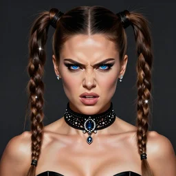 portrait of angry muscled Mila Kunis with braided pigtails hair and bright blue squinting eyes looking directly into the camera, shiny sparkling diamonds, mouth slightly open, wearing intricate black choker, elegant, highly detailed, centered, digital painting, artstation, concept art, smooth, sharp focus, illustration, artgerm, donato giancola, Joseph Christian Leyendecker, WLOP, Boris Vallejo, Artgerm