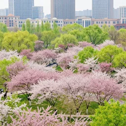 a landscape of spring in the big city, trees are filled with color with flowers and plantlife blooming with vigor and grace