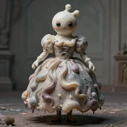 absurdist wiggly blob in a dress, highly detailed, cam de leon & john j. park, cinematic light, francis bacon, medium shot, ground angle, uhd 8 k, shallow depth of field