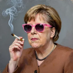 Angela Merkel smoking a joint wearing pink sunglasses oil painting of Sebastian Murphy