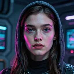 VFX movie of a hacker closeup portrait in high tech compound, beautiful natural skin neon lighting by Emmanuel Lubezki