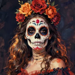 Illustration of a sugar skull day of the dead girl, art by pieter claesz