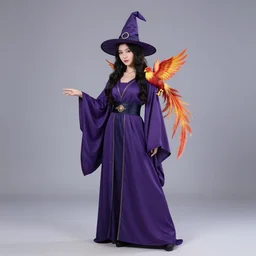 Young woman in purple witch robes with a phoenix on her shoulder, full body shot
