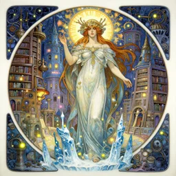god, steampunk city, magic library, carving on southern ice porcelain , overdetailed art, by greg rutkowski, by Alfons Mucha, complementing colors, magic, colorful lights, fireflies, detailed illustration