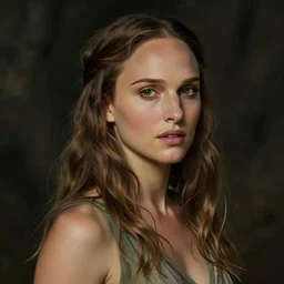 a realistic, very beautiful and atmospheric portrait of a young and lithe natalie portman as a druidic warrior wizard looking at the camera with an intelligent but seductive gaze by rebecca guay, michael kaluta, charles vess and jean moebius giraud
