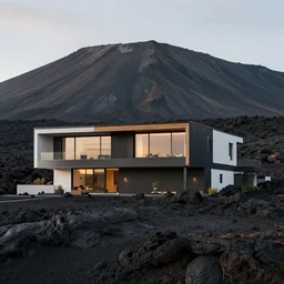 modern house surrounded by lava, on top of a large mountain , hyper realistic, photo real, HD