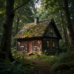 a cottage in the woods, fantasy, hyper realistic, dramatic lighting, 8k, narrow field of view
