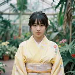 Photograph. Film still. of a young woman!!! wearing a yellow kimono in a tropical greenhouse, 4K. 35 mm lens, bokeh
