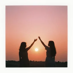 pink and orange expired film photograph of two women reaching towards the sun, silhouette, grainy film photograph, album artwork, aesthetic